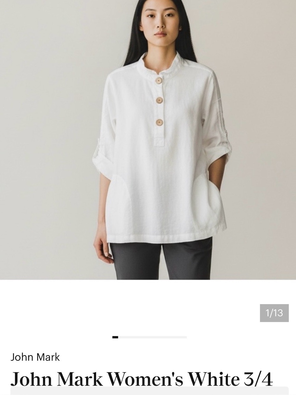 John Mark Women's White 3/4 Ruched Sleeves Tunic Top Pockets Size Medium